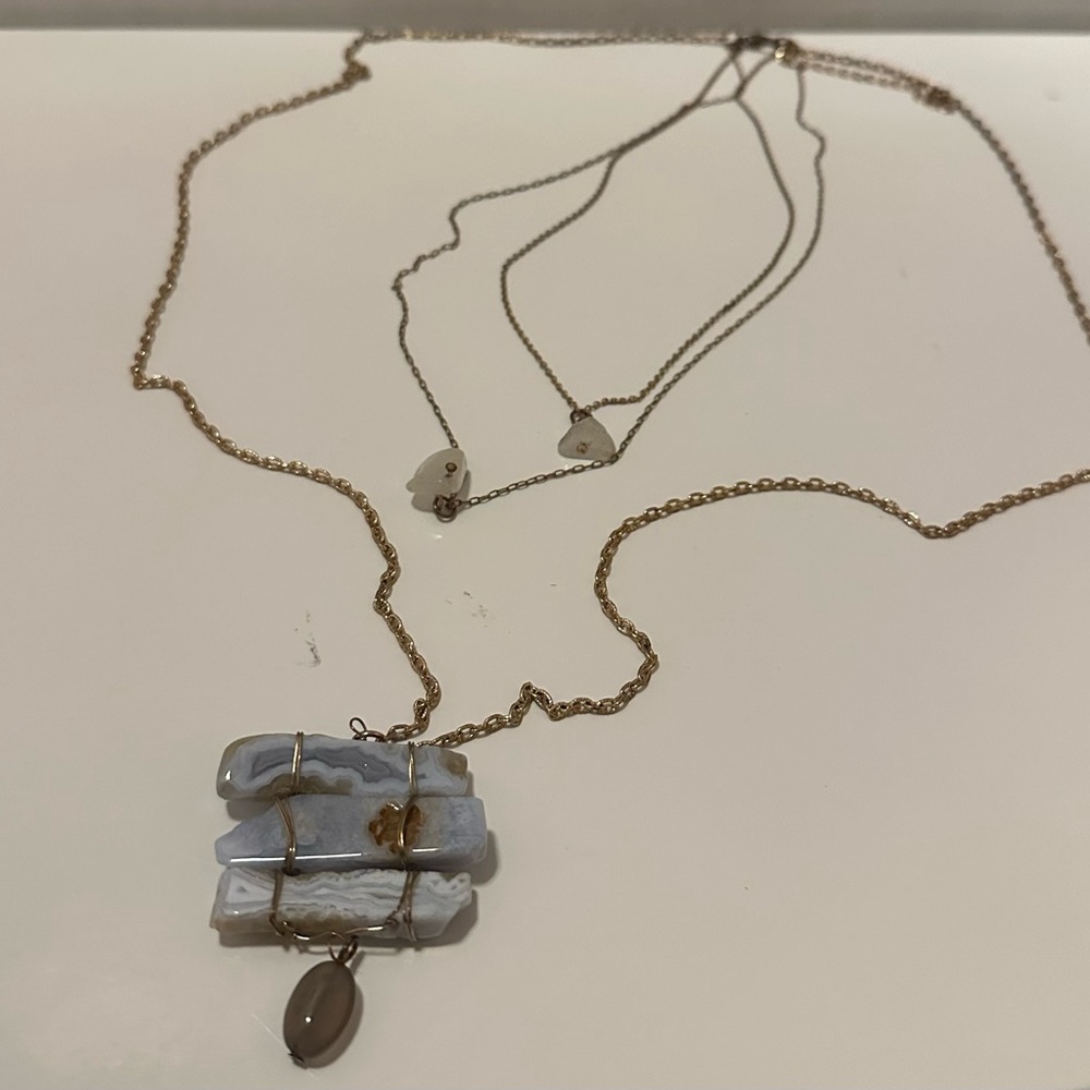 Gold Tone Natural Stone and Copper Tone Wire Necklace